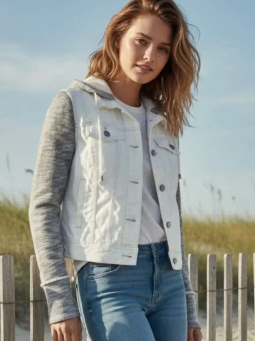 Free People White Jean Jacket with Heather Gray Sleeves - Picture 2 of 10